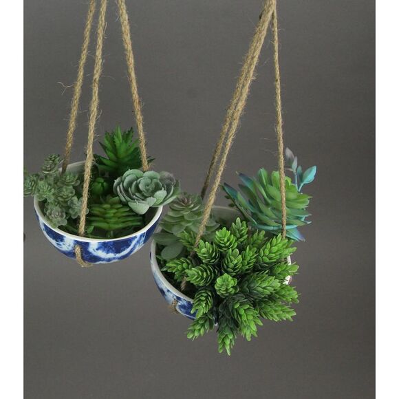 Set of 2 Blue and White Shibori Style Dyed Ceramic Hanging Mini Planters - Picture 3 of 4